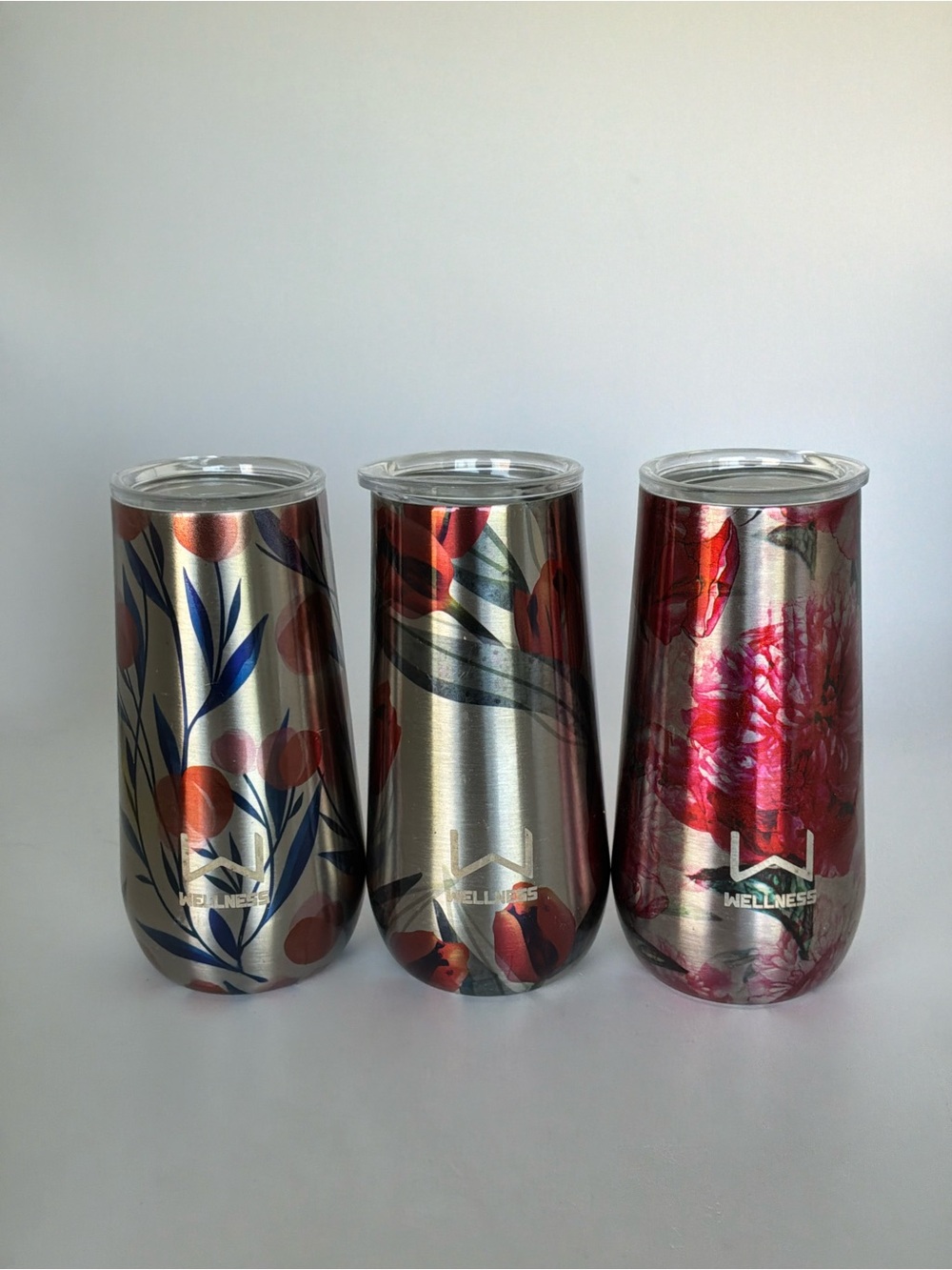 Wellness Set of 3 Stainless Steel Insulated Wine Tumblers Floral Print 12 oz